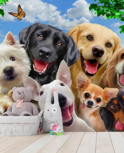 individuelle Hundetapete namens Dogs Selfie von Howard Robinson für ein Kinderzimmer, Kinderzimmer oder Spielzimmer