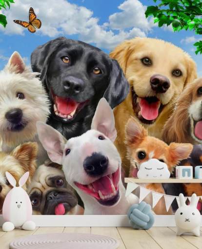 individuelle Hundetapete namens Dogs Selfie von Howard Robinson für ein Kinderzimmer, Kinderzimmer oder Spielzimmer
