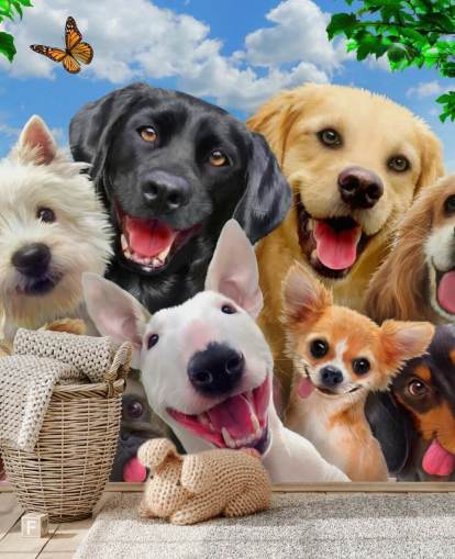 mural de papel de parede personalizado para cães chamado Dogs Selfie de Howard Robinson para um quarto infantil, berçário ou sala de jogos mural de papel de parede personalizado para cães chamado Dogs Selfie de Howard Robinson para um quarto infantil, berçário ou sala de jogos