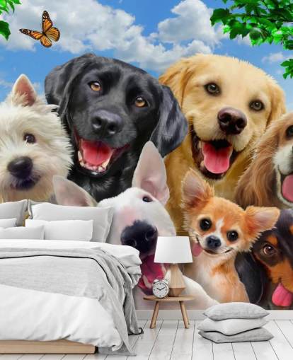custom dogs wallpaper mural called Dogs Selfie by Howard Robinson for a kid's bedroom, nursery or playroom