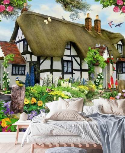 schwarz-weiße Cottage-Tapete schwarz-weiße Cottage-Tapete