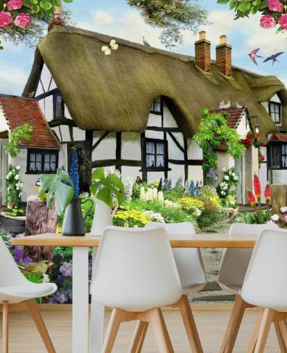 schwarz-weiße Cottage-Tapete schwarz-weiße Cottage-Tapete