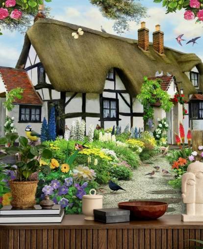 black and white cottage wallpaper