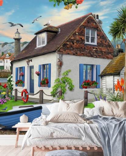 papier peint cottage blanc au bord de la mer