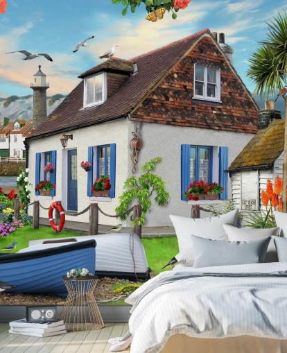 white cottage by the sea wallpaper