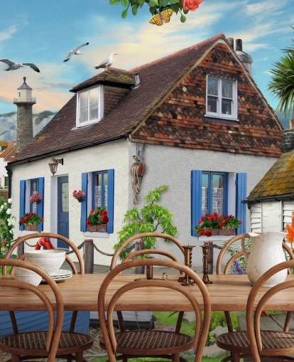 white cottage by the sea wallpaper