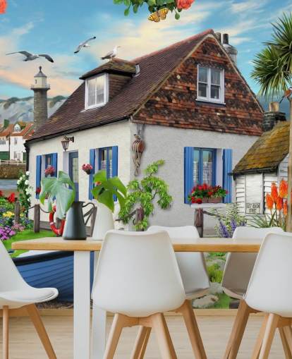 white cottage by the sea wallpaper