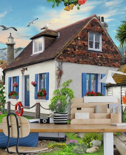 white cottage by the sea wallpaper