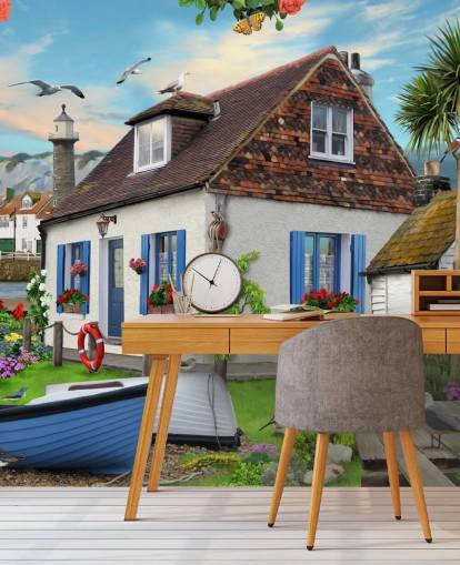 fondo de pantalla de cabaña blanca junto al mar