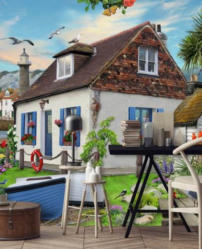 white cottage by the sea wallpaper