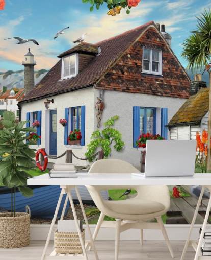 behang met wit huisje aan zee