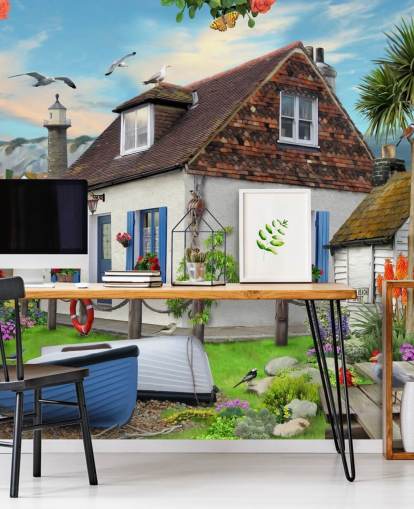 white cottage by the sea wallpaper