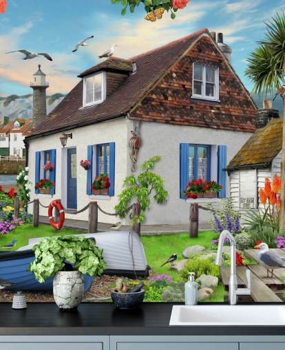 white cottage by the sea wallpaper