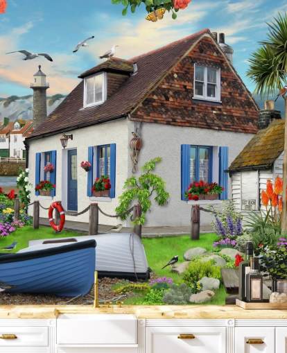 white cottage by the sea wallpaper
