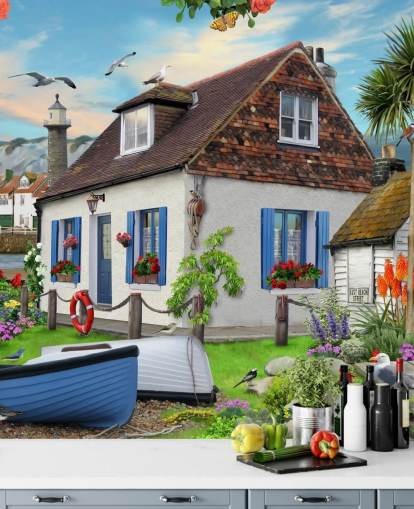 white cottage by the sea wallpaper