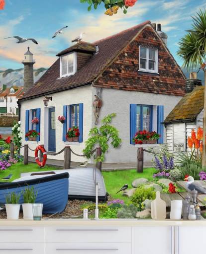 papier peint cottage blanc au bord de la mer