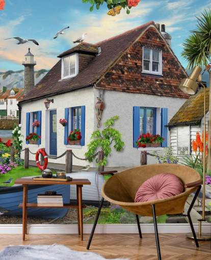 white cottage by the sea wallpaper