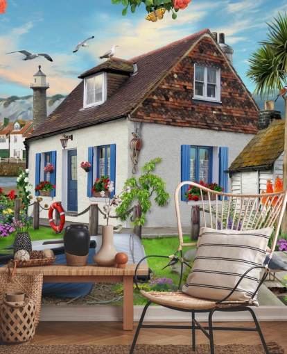 white cottage by the sea wallpaper