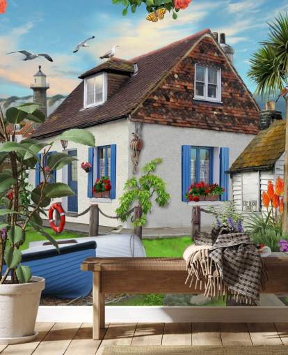 papier peint cottage blanc au bord de la mer