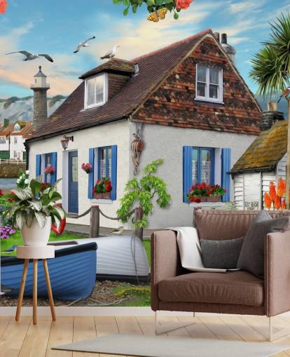 white cottage by the sea wallpaper