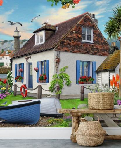 white cottage by the sea wallpaper