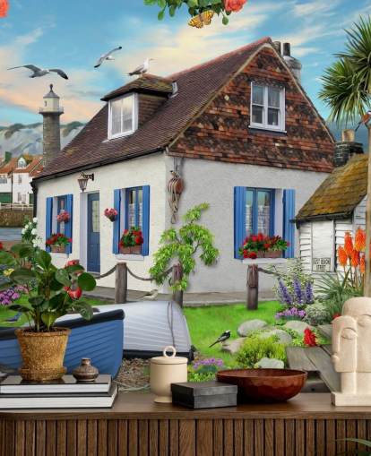 papier peint cottage blanc au bord de la mer