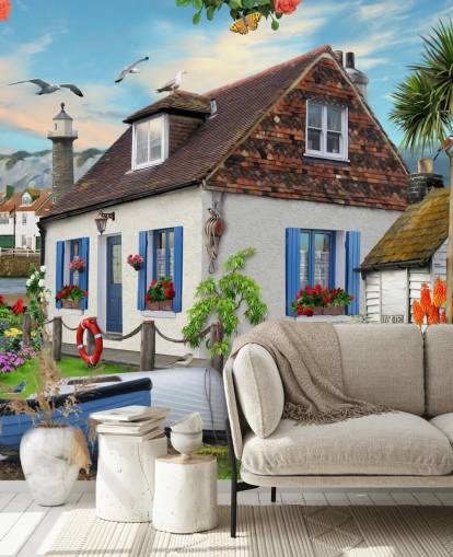 white cottage by the sea wallpaper