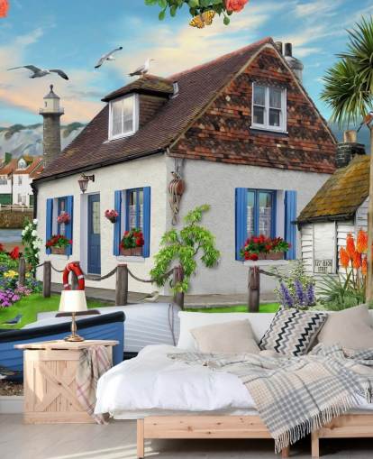 white cottage by the sea wallpaper