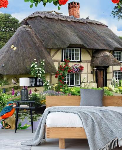 cottage by the river wallpaper