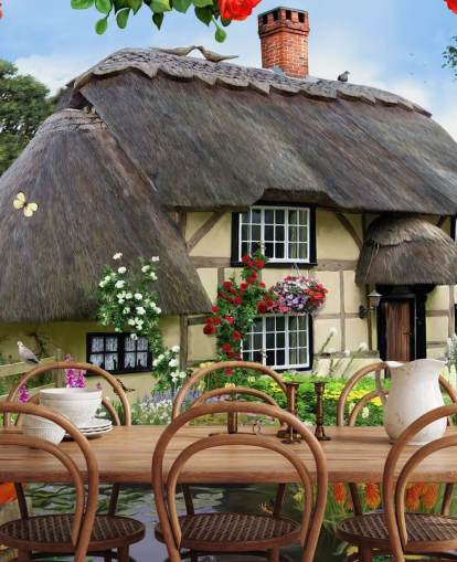 cottage by the river wallpaper