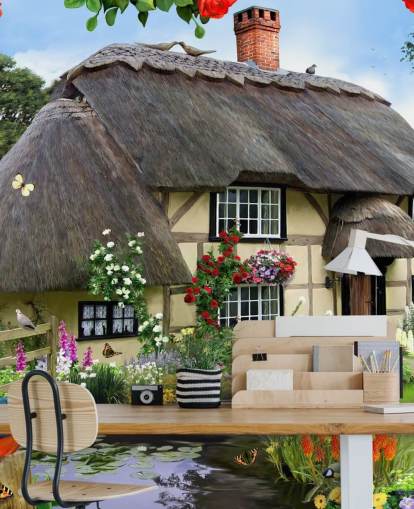 cottage by the river wallpaper