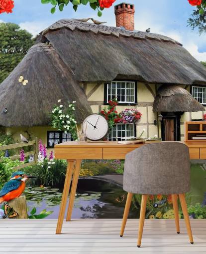 cottage by the river wallpaper
