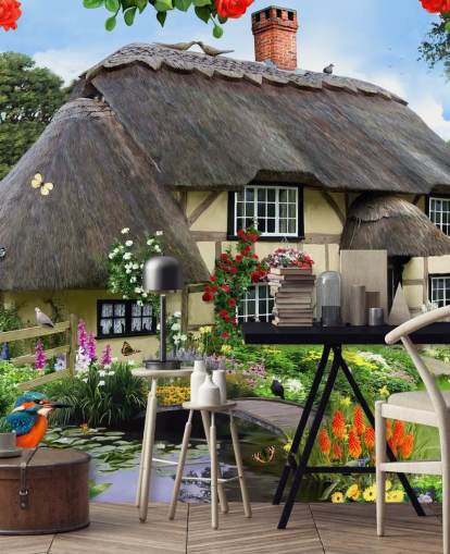 cottage by the river wallpaper