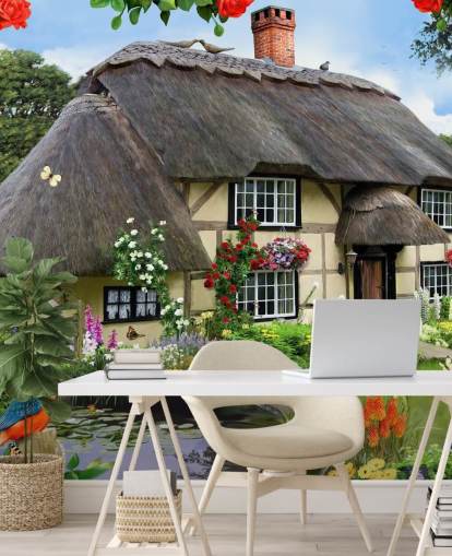 cottage by the river wallpaper