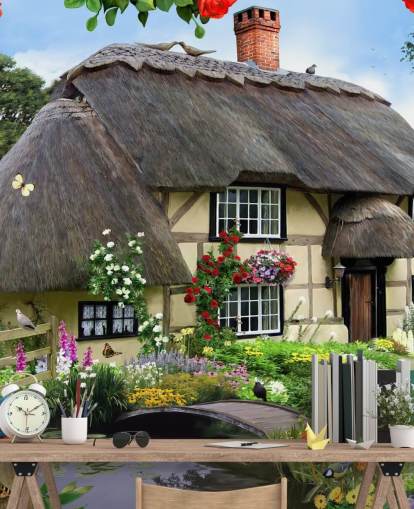 cottage by the river wallpaper