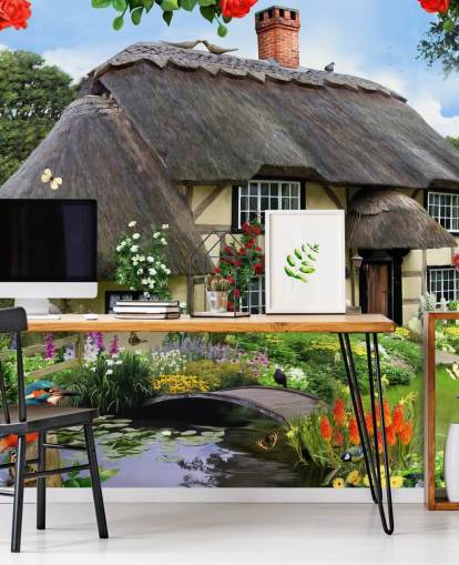 cottage by the river wallpaper