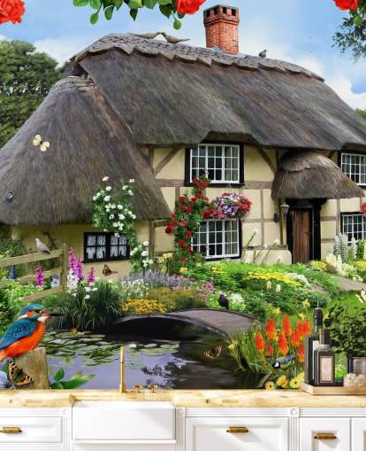 cottage by the river wallpaper