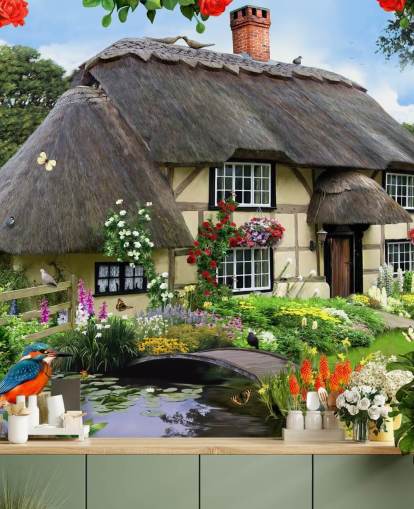 cottage by the river wallpaper