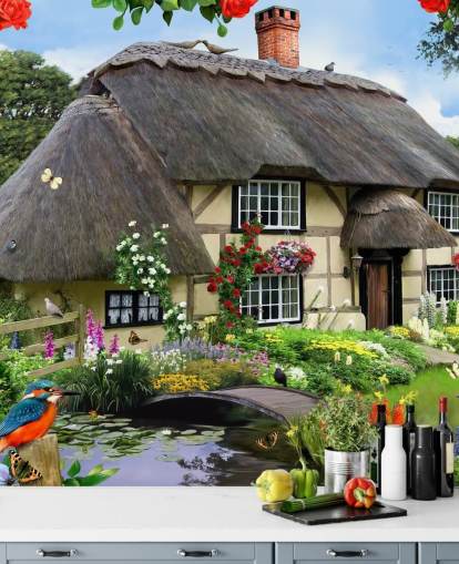 cottage by the river wallpaper