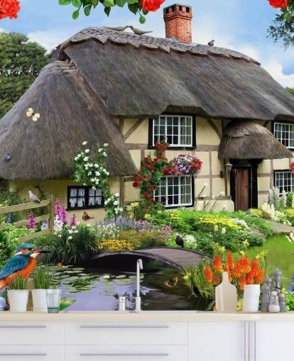 cottage by the river wallpaper