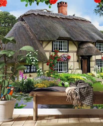 cottage by the river wallpaper