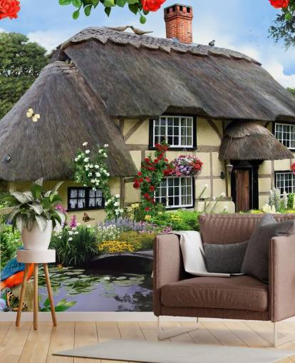 cottage by the river wallpaper