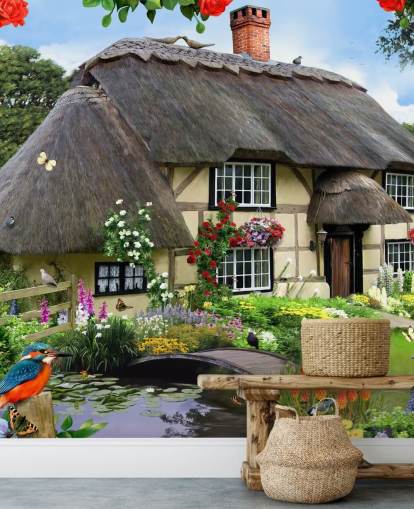 cottage by the river wallpaper