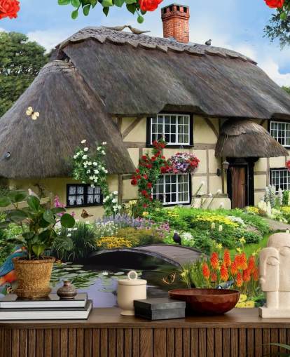 cottage by the river wallpaper