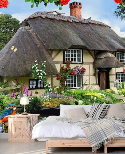 cottage by the river wallpaper