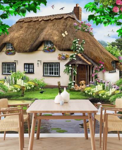 bruin huisje met rieten dak in landelijk behang bruin huisje met rieten dak in landelijk behang