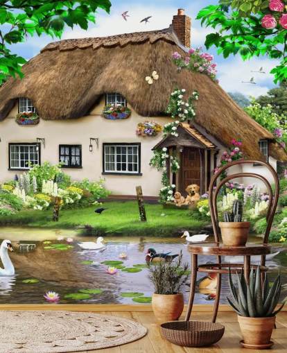 brown thatched roof cottage in countryside wallpaper