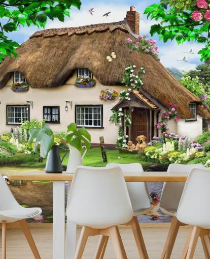 brown thatched roof cottage in countryside wallpaper