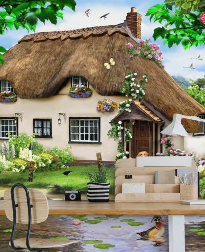 brown thatched roof cottage in countryside wallpaper