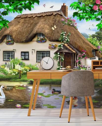 brown thatched roof cottage in countryside wallpaper